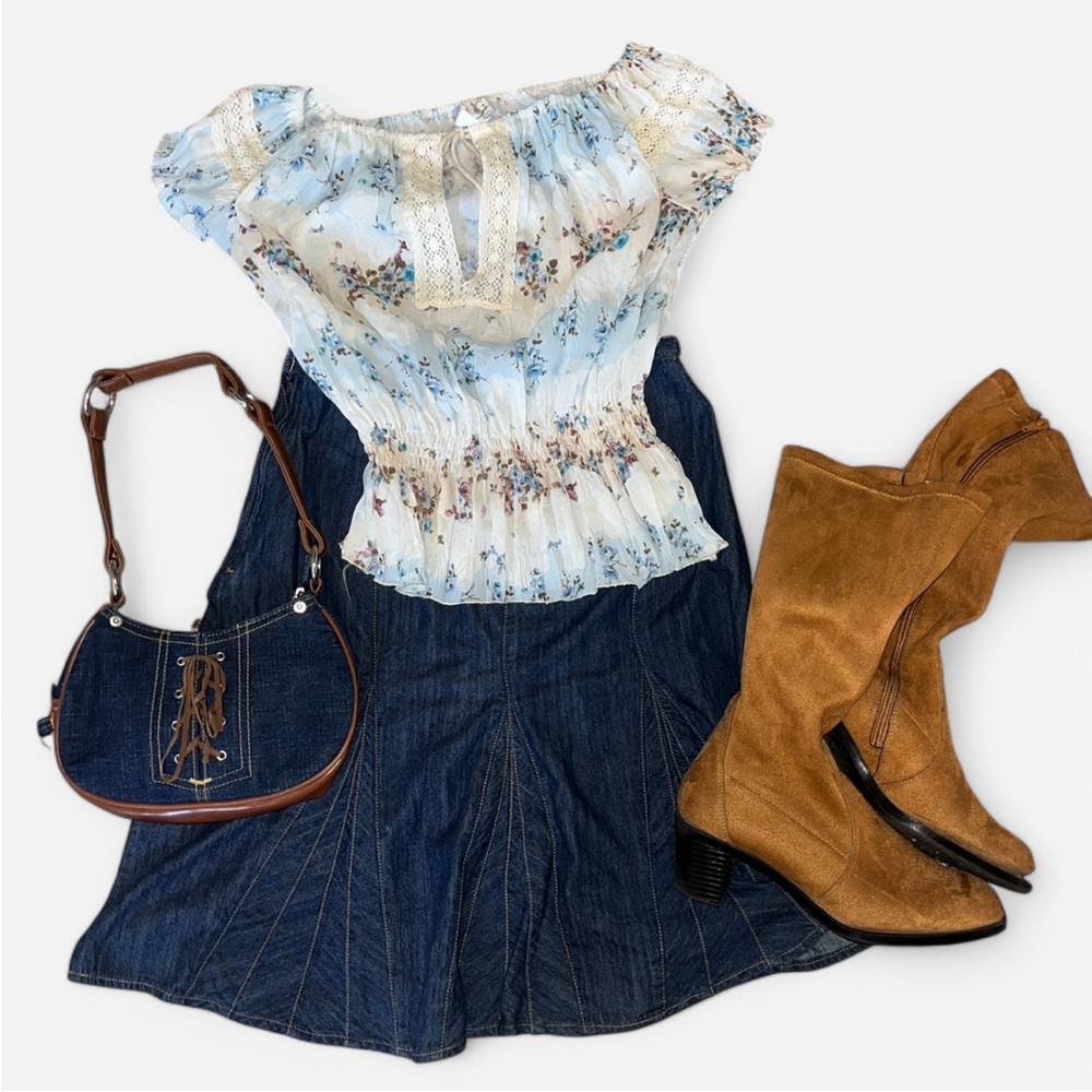 70s Inspired Spring Outfit Bundle (Floral Blouse with Denim Skirt)